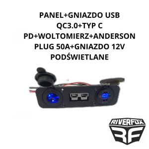 PANEL - GNIAZDO USB QC3.0+TYP C PD+ woltomierz + ANDERSON PLUG 50A +GNIAZDO 12V podświetlane